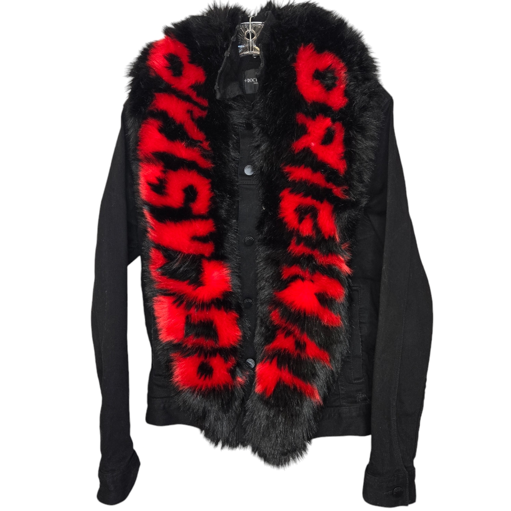 Rockstar Original Denim Jacket Faux Fur Black Red Sz Small Hard To Find! Rare